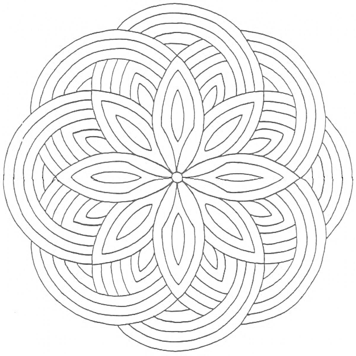 Раскраска Мандала с цветком и переплетающимися окружностями