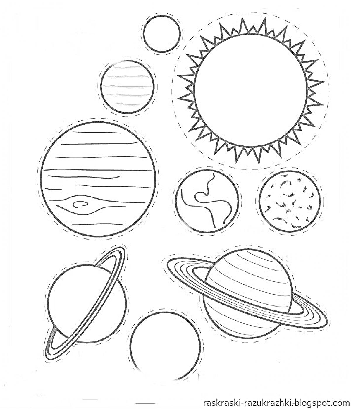 Раскраска Солнце, планеты и луны Солнечной системы: Солнце, восемь планет, пять спутников.
