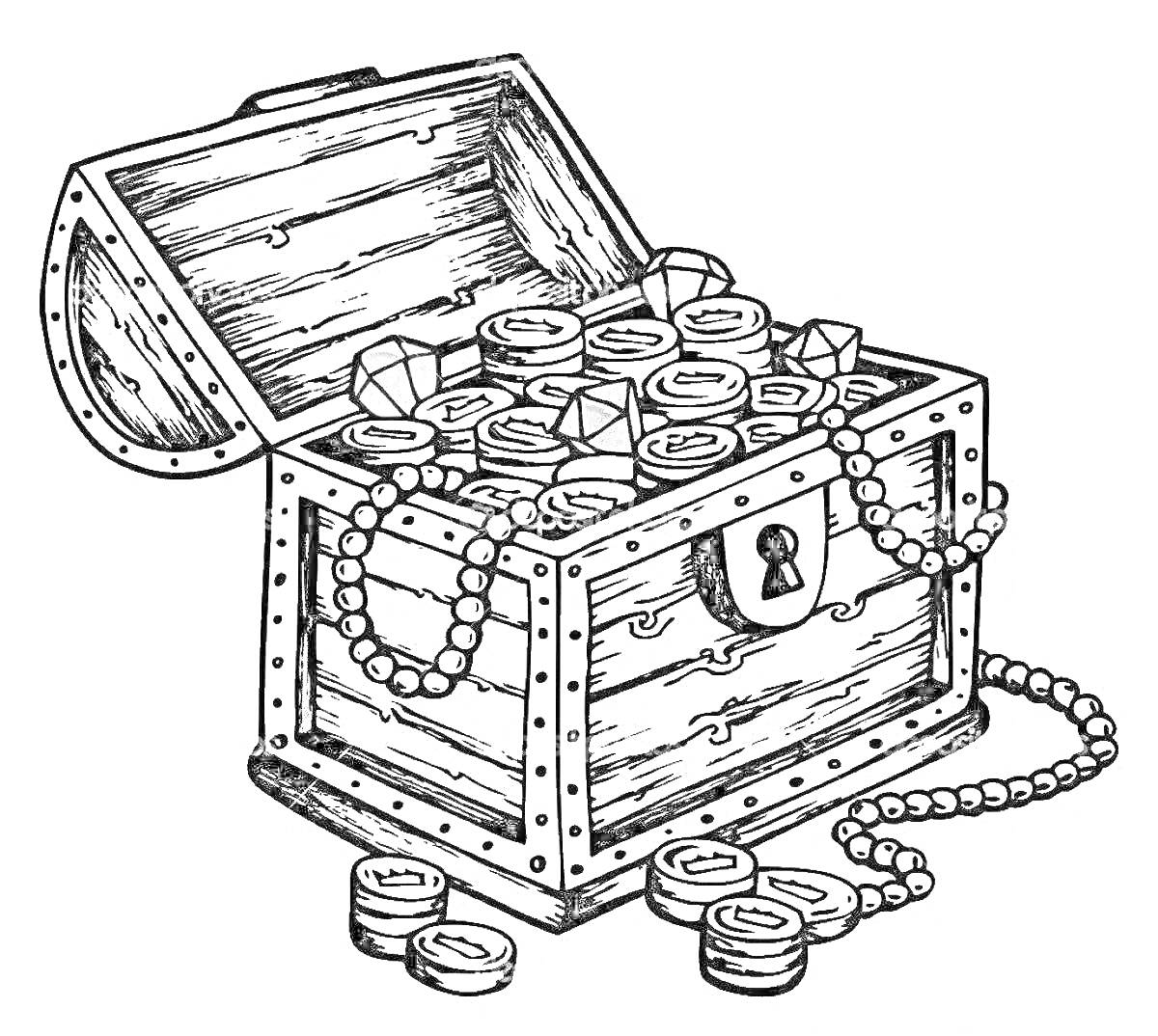 На раскраске изображено: Сокровища, Монеты, Драгоценности, Кристаллы, Пиратский сундук, Клад, Иллюстрация