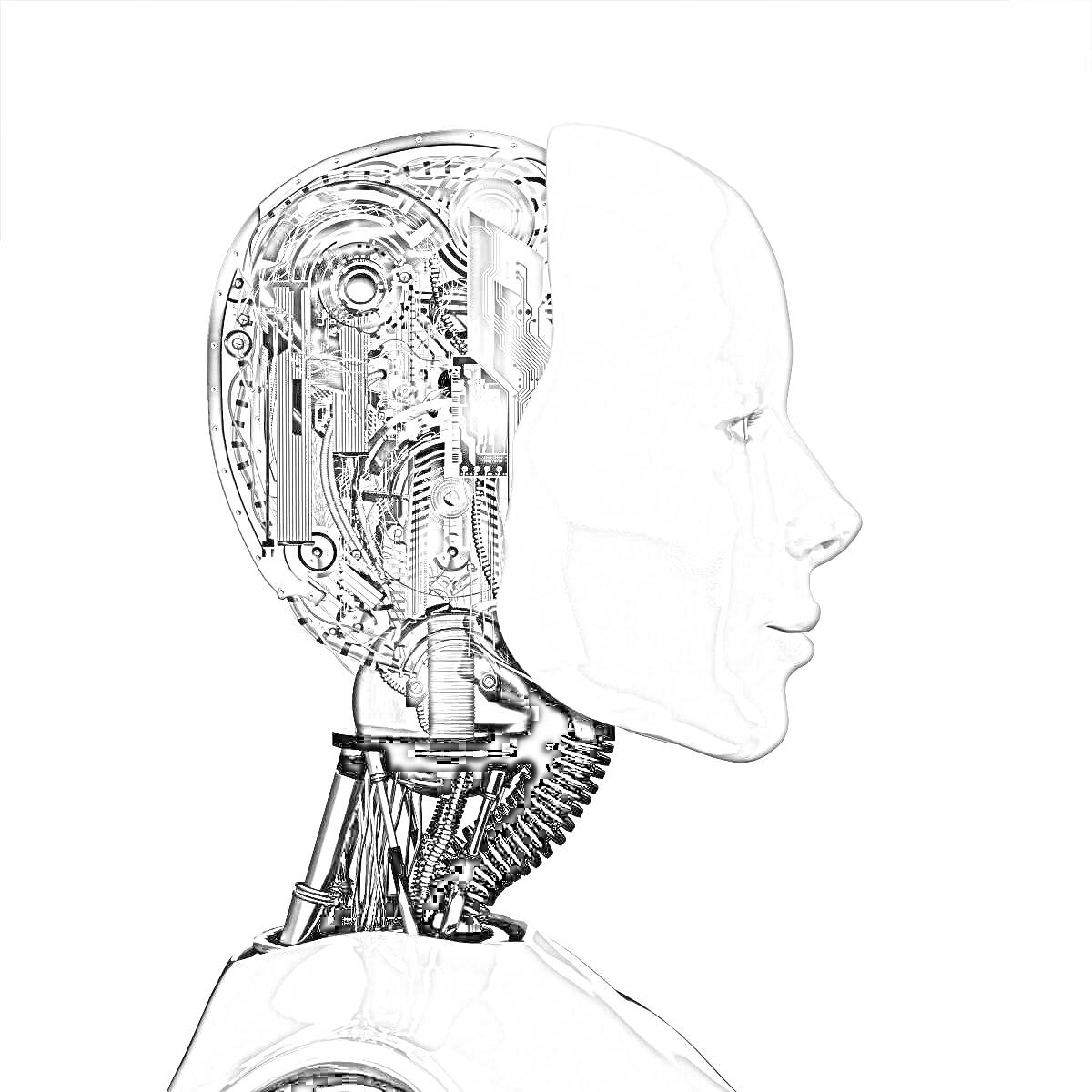 Раскраска Гуманоидный робот с открытыми механическими частями головы и гладким лицом