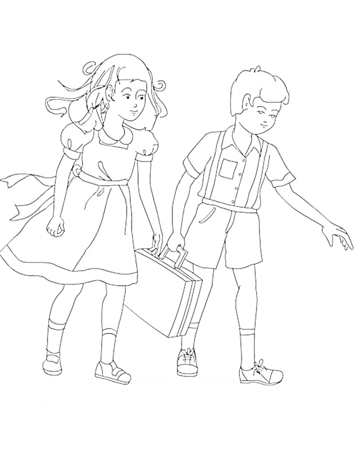Девочка и мальчик с портфелем идут вместе в школу
