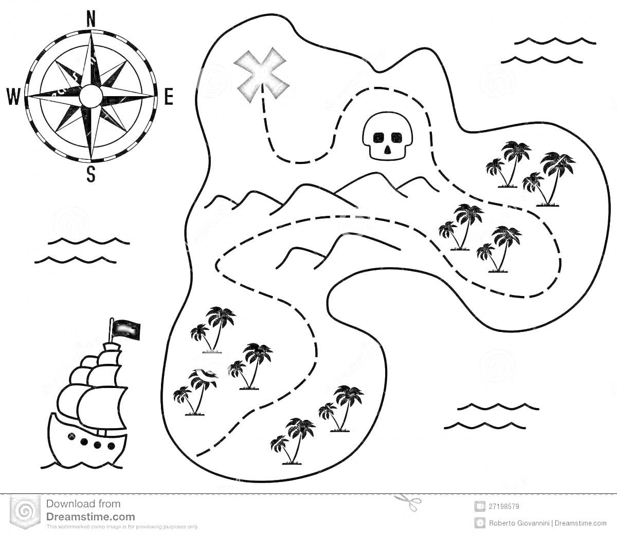 На раскраске изображено: Карта сокровищ, Компас, Пиратский корабль, Пальмы, Череп, Крест, Горы, Волны, Для детей