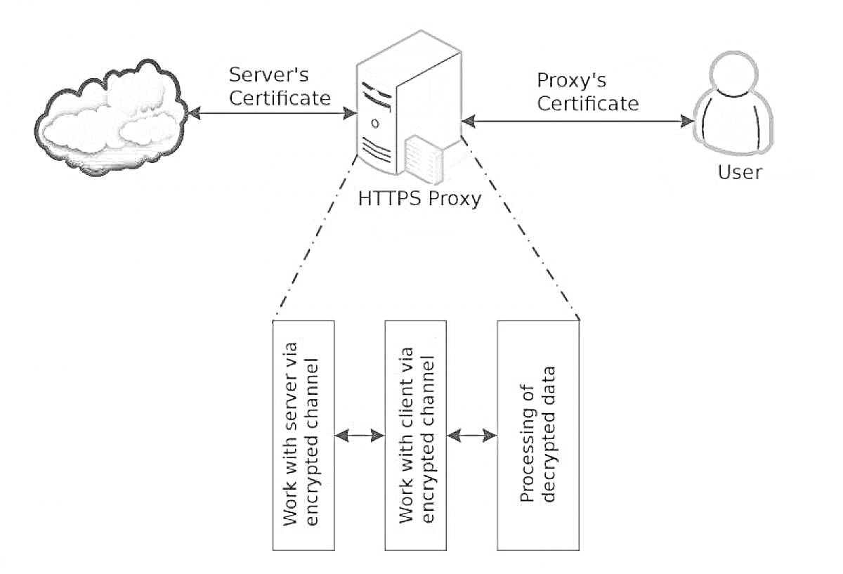 Обмен данными через HTTPS-прокси с использованием сертификатов сервера и прокси. Изображены элементы: сервер, пользователь, HTTPS-прокси, зашифрованные каналы связи и обработка данных.