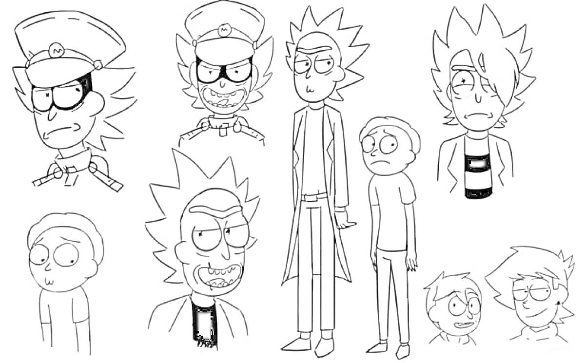 Раскраска Рик и Морти, набор различных персонажей и выражений