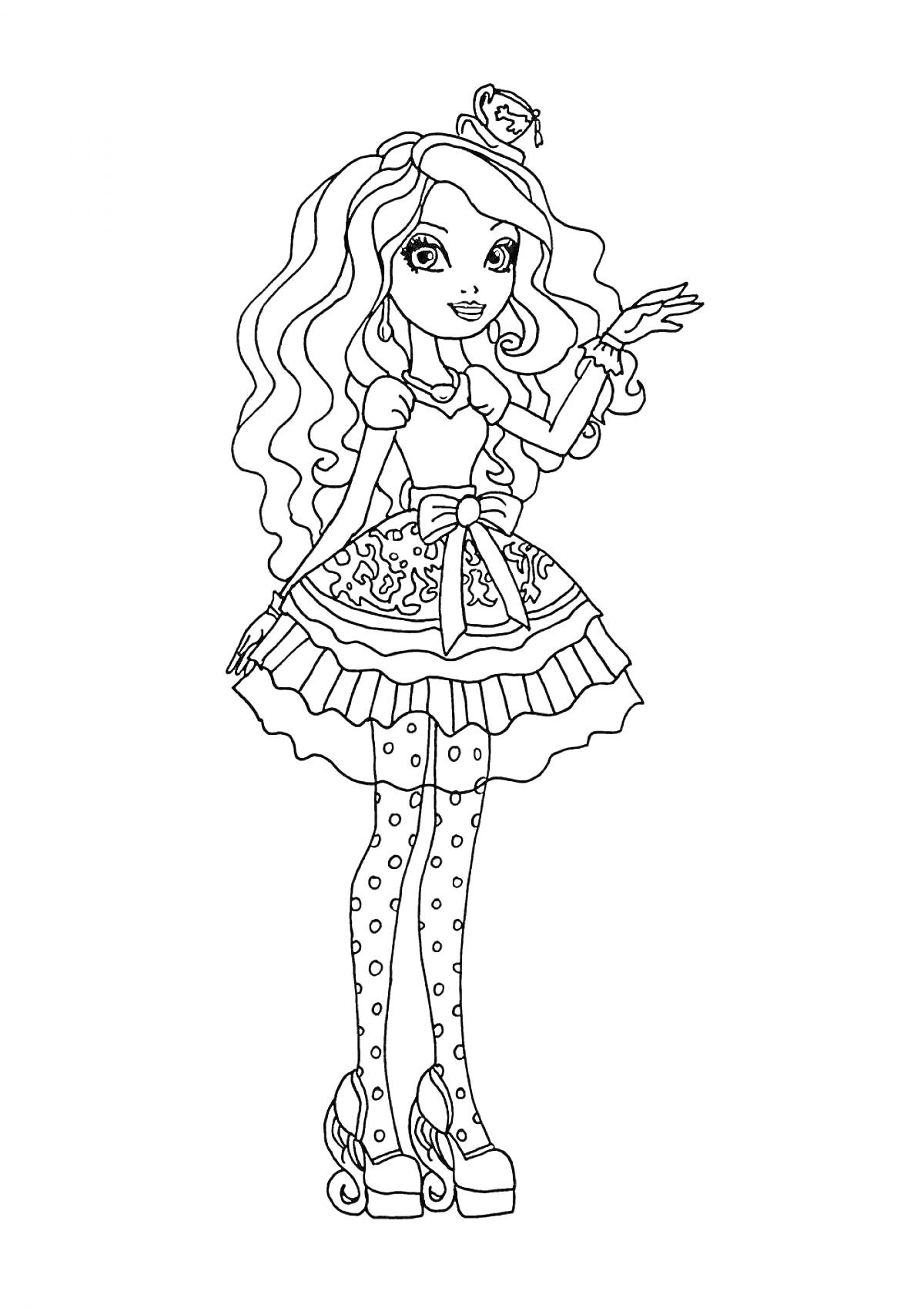 Раскраска Девочка с длинными волнистыми волосами в короне, платье с рюшами и бантом, в чулках с узорами и на высоких каблуках