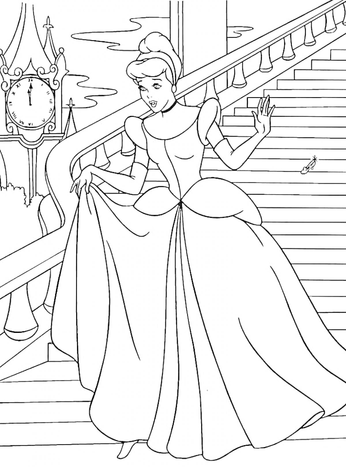 На раскраске изображено: Принцесса, Лестница, Часы, Замок, Платье, Королевство, Вечер, Туфли