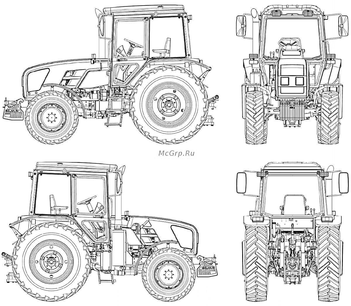 На раскраске изображено: Трактор, Сельскохозяйственная техника, Техника, Транспорт