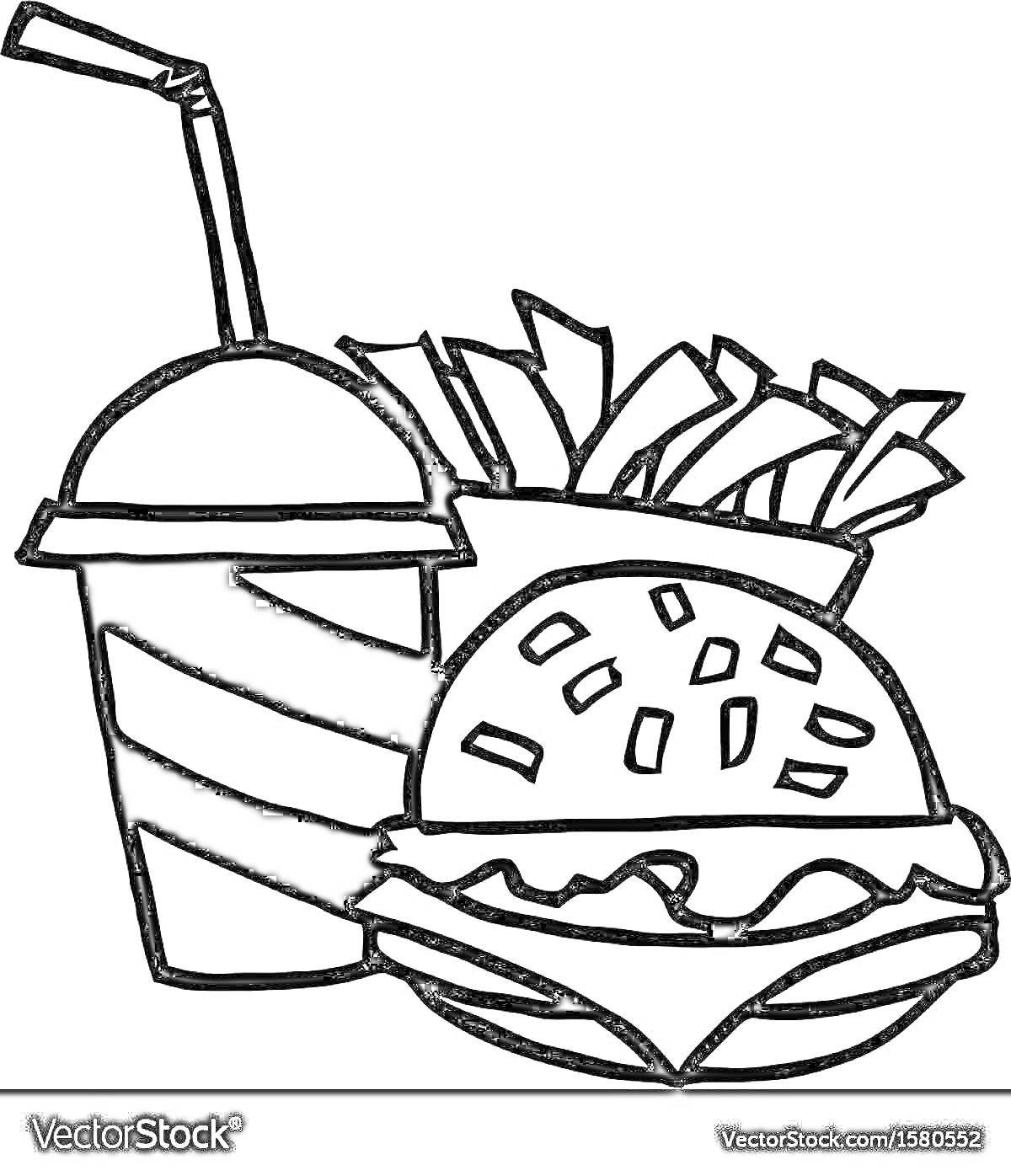 Раскраска Гамбургер с картофелем фри и газировкой