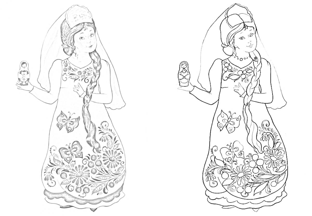 Раскраска Девочка в русском народном костюме с кокошником, держит матрёшку. Платье украшено узором из цветов и бабочек, на голове длинная коса.
