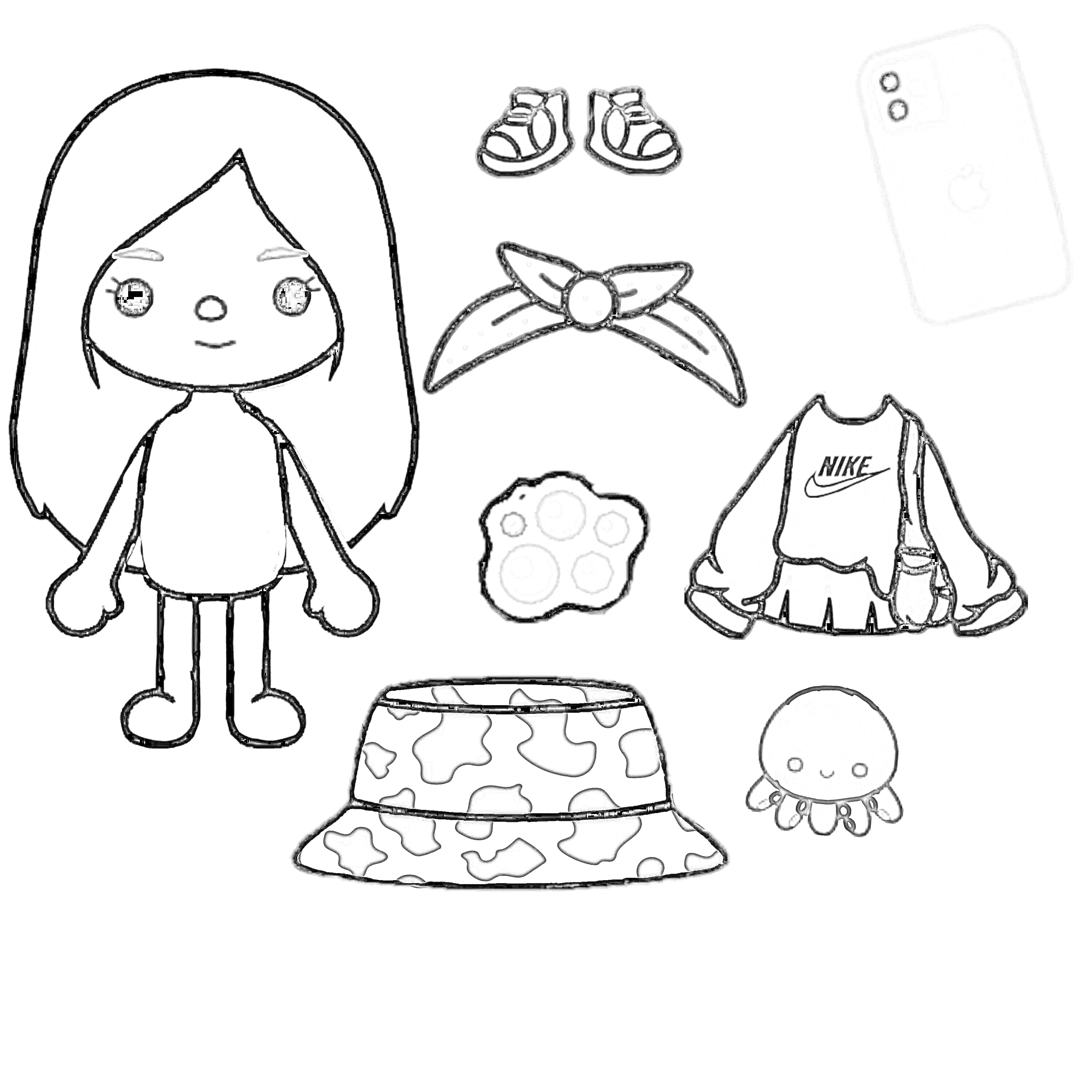 Раскраска Девочка с одеждой и аксессуарами (босоножки, повязка на голову, свитер Nike, ведерная шляпа с узором, поп-ит, осьминог, смартфон)