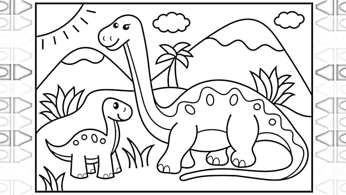 Раскраска динозавры с детенышем на фоне пейзажа с горами, облаками, солнцем и пальмами