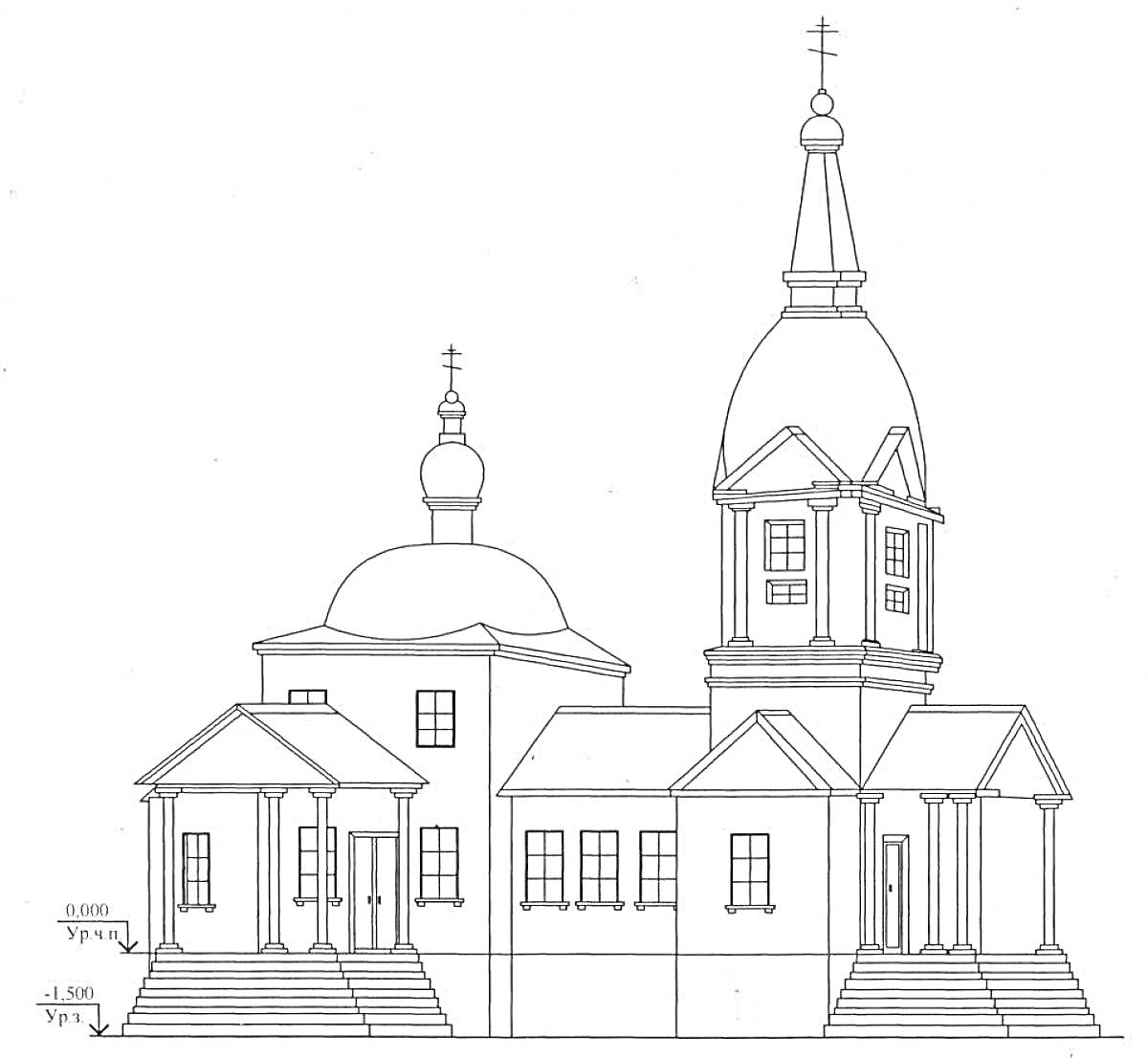 Церковь с лестницами, крыльцом, двухъярусной колокольней и малым куполом с крестом
