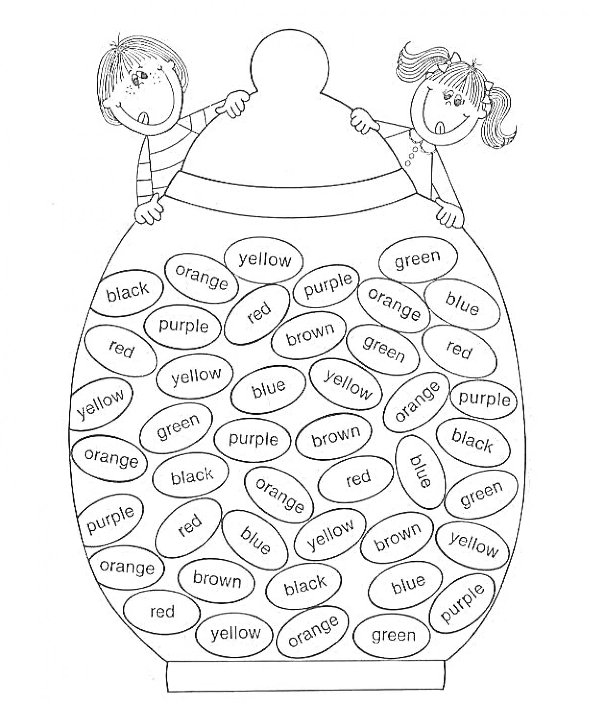 На раскраске изображено: Английский язык, Мальчик, Девочка, Бутыль, Black, Orange, Yellow, Blue, Green, Red, Purple, Brown