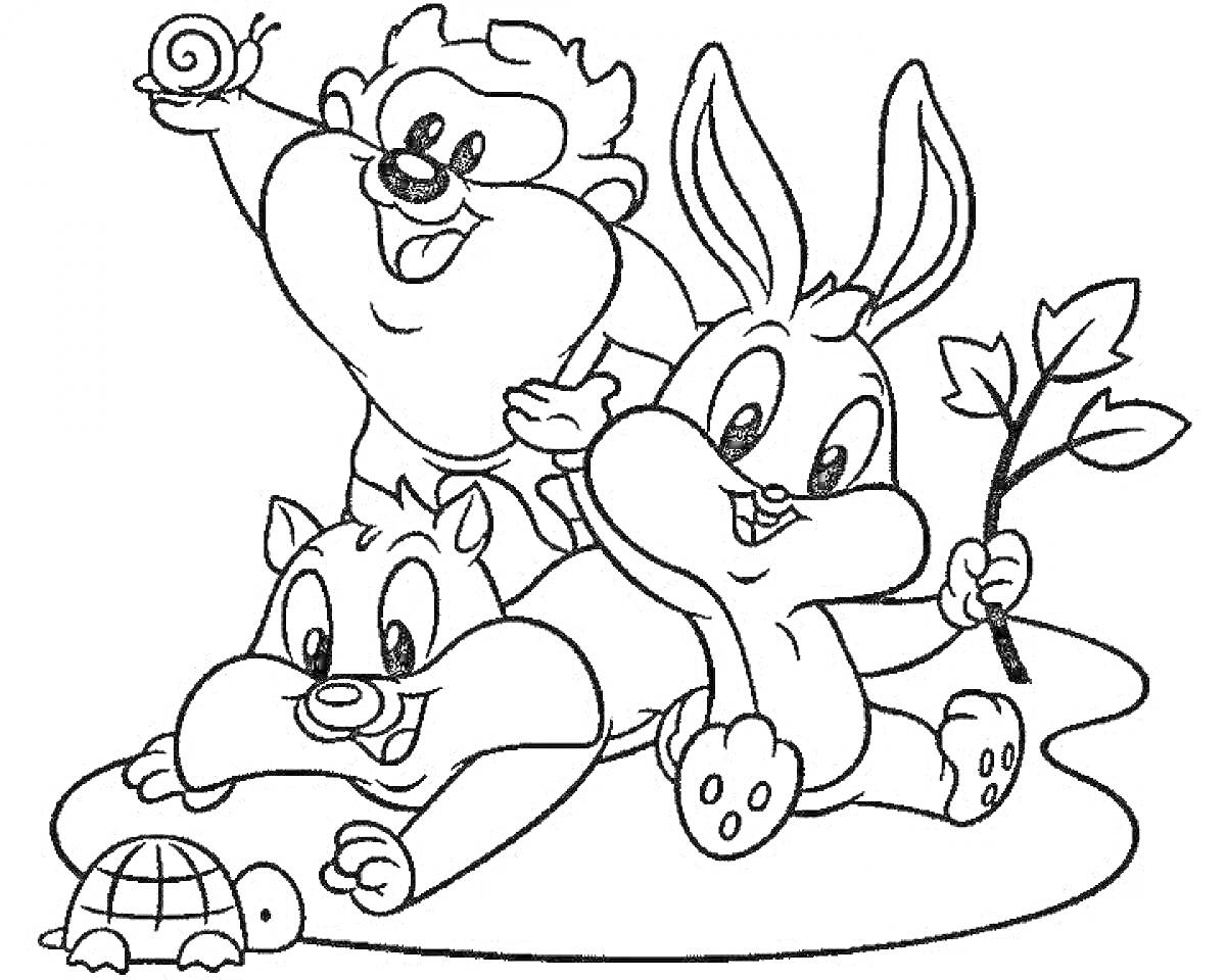 На раскраске изображено: Три персонажа, Улитка, Черепаха, Ветка, Земля, Звери
