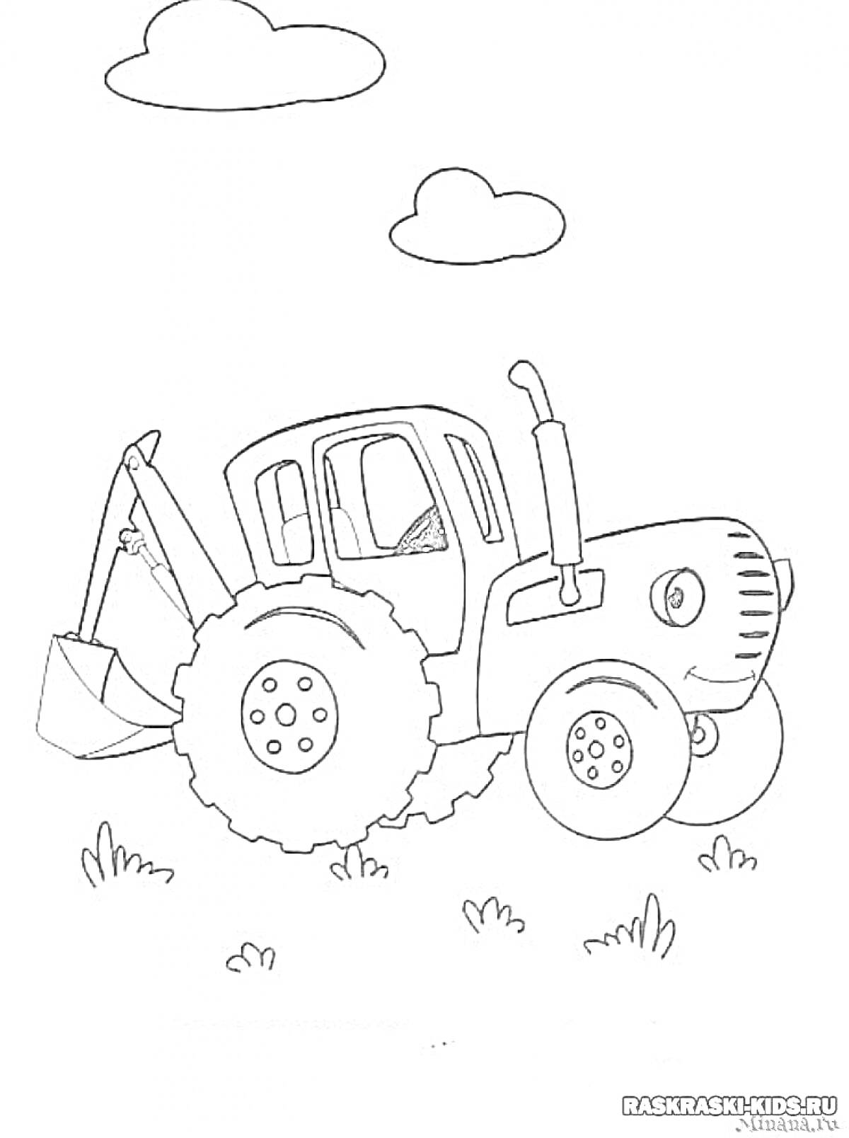 На раскраске изображено: Трактор, Синий трактор, Ковш, Облака, Трава, Транспорт, Сельское хозяйство