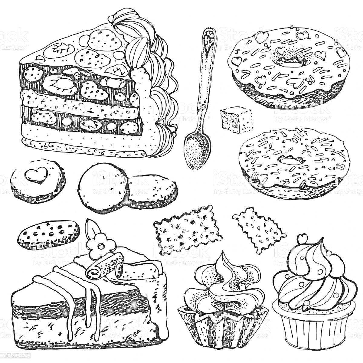 Разнообразие кондитерских изделий (кусок слоеного пирога с ягодами и кремом, посыпанный кондитерской присыпкой пончик с сердечками, пончик с полосками глазури, мармелад, печенье, кусок торта с кремом, украшенный пирожок с начинкой, маффин с кремом).