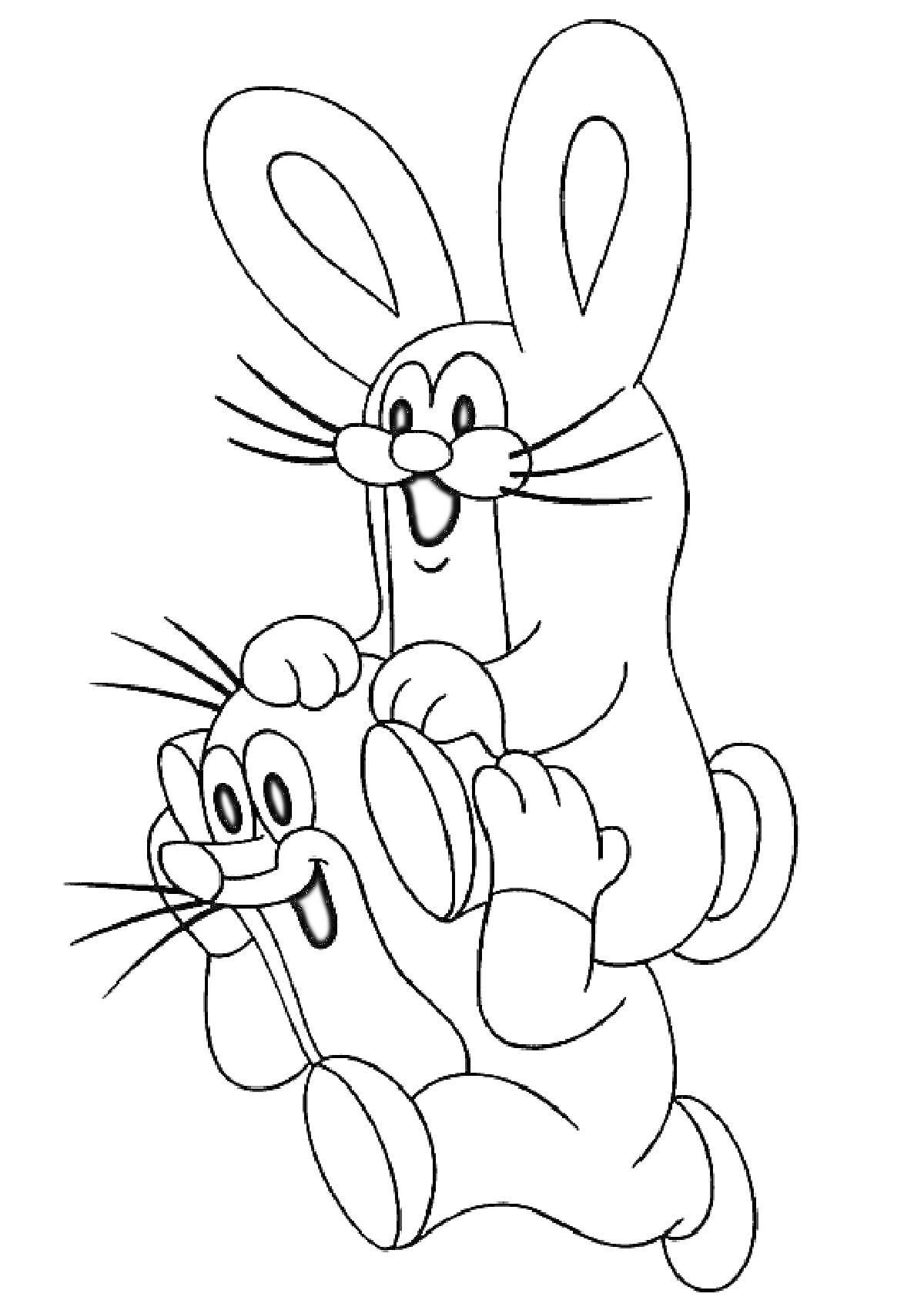 Раскраска Крот и заяц, крот держит зайца на плечах
