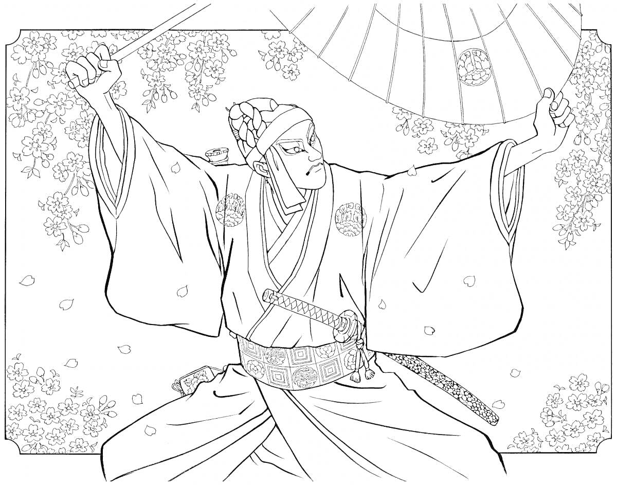 Раскраска Самурай с мечами на фоне сакуры и японского зонта