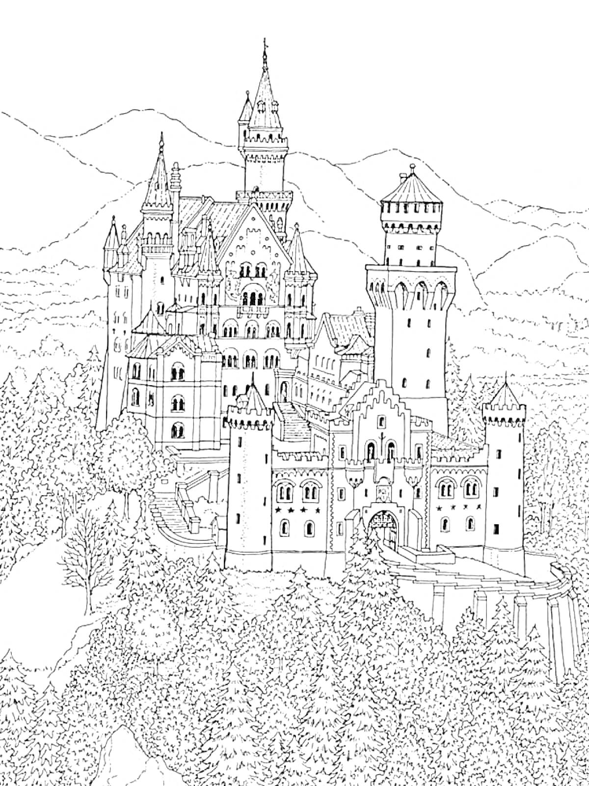 Раскраска Замок на фоне гор с лесами