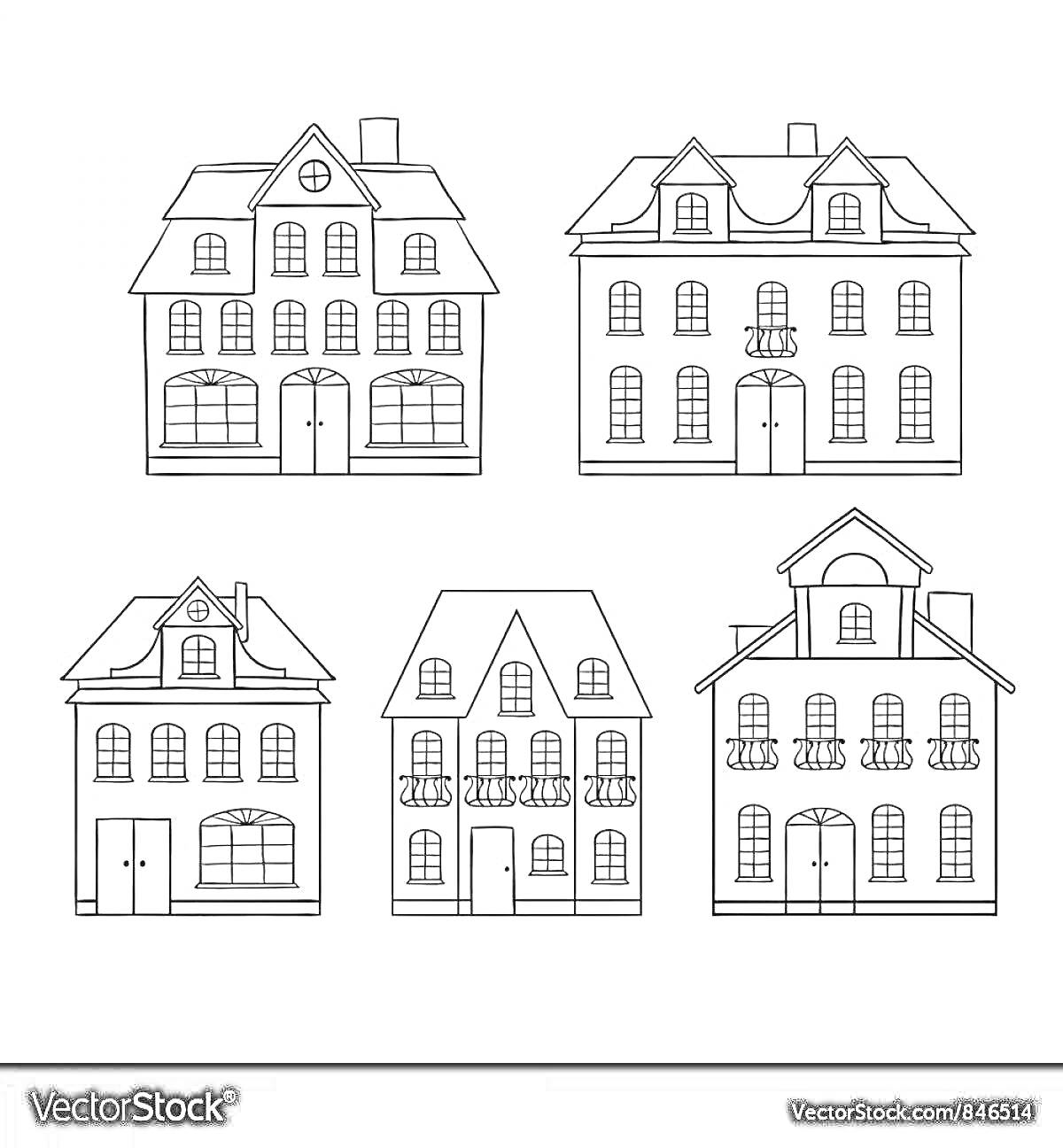 Раскраска Пять черно-белых трехэтажных домов с окнами