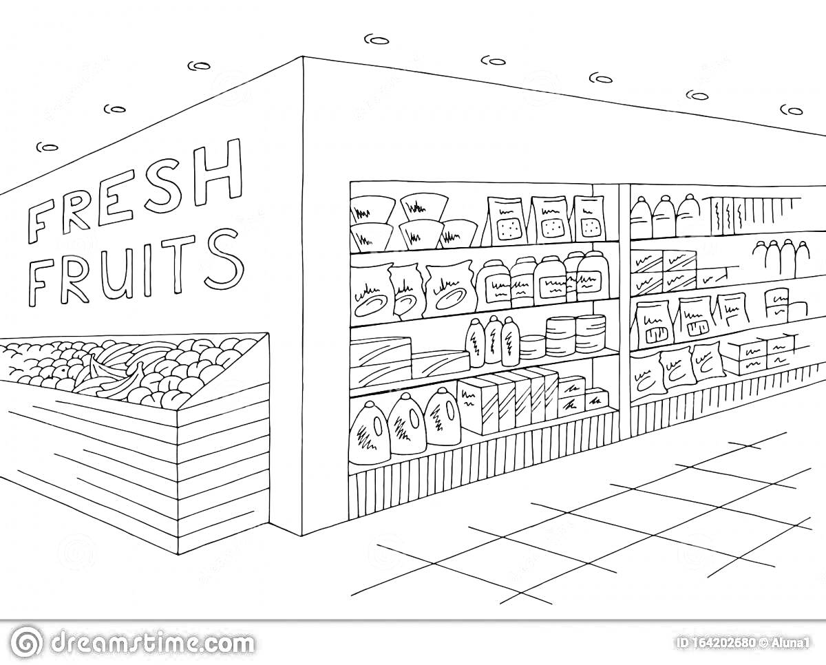 На раскраске изображено: Супермаркет, Полки, Продукты, Магазин, Упаковки, Павильон, Покупки, Фрукты, Еда
