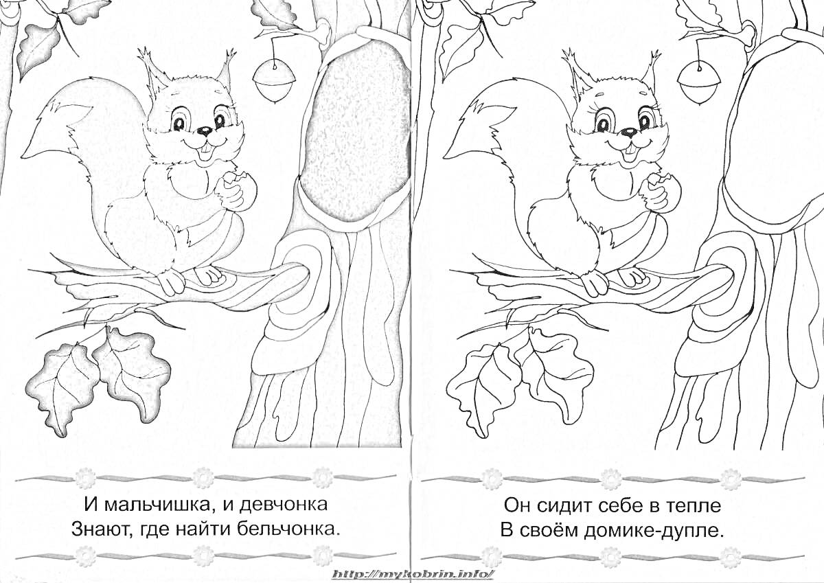 На раскраске изображено: Белка, Дупло, Ветка, Листья, Желуди