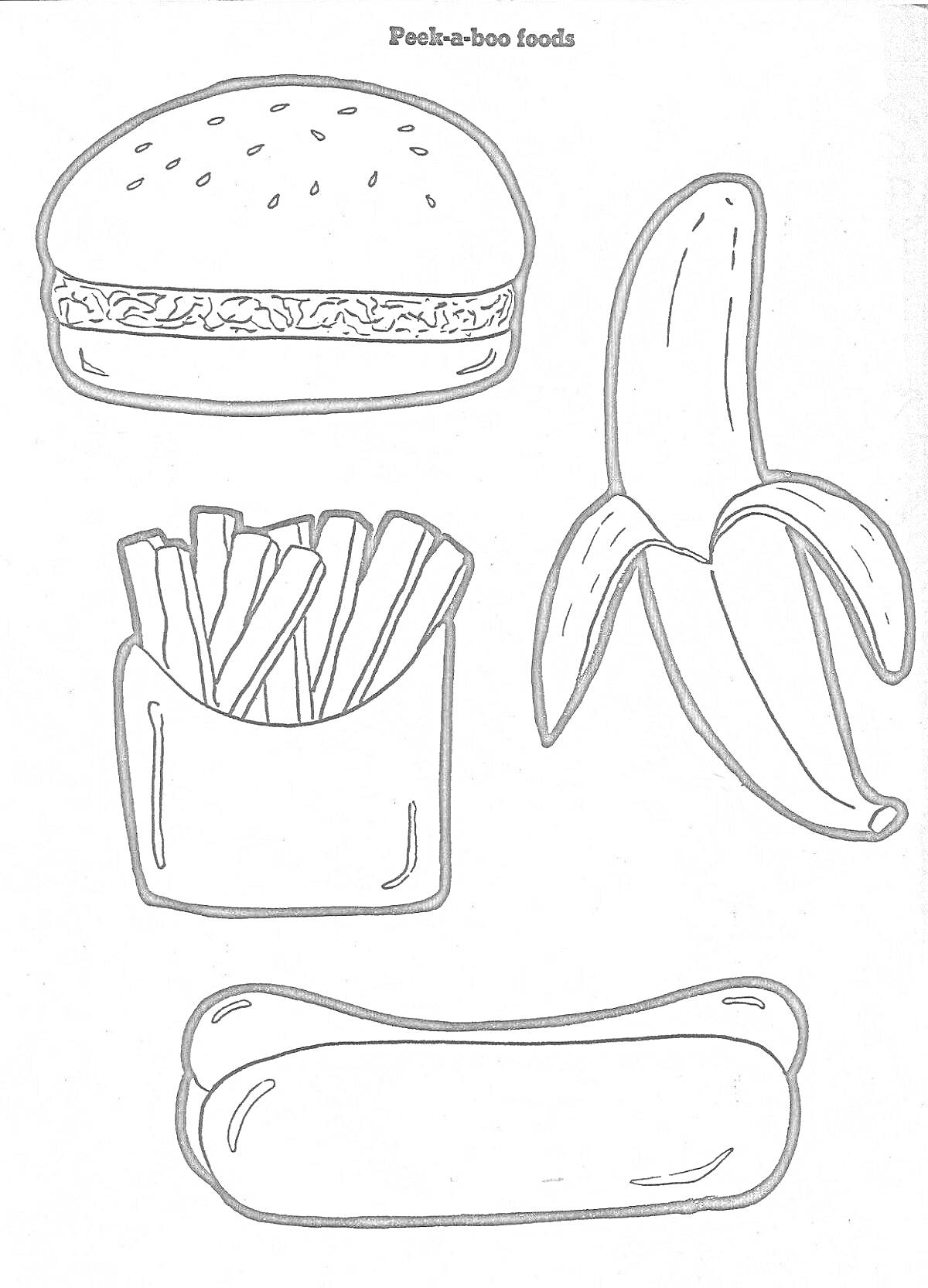 На раскраске изображено: Бургер, Банан, Хот-дог, Еда, Полезная еда, Фрукты