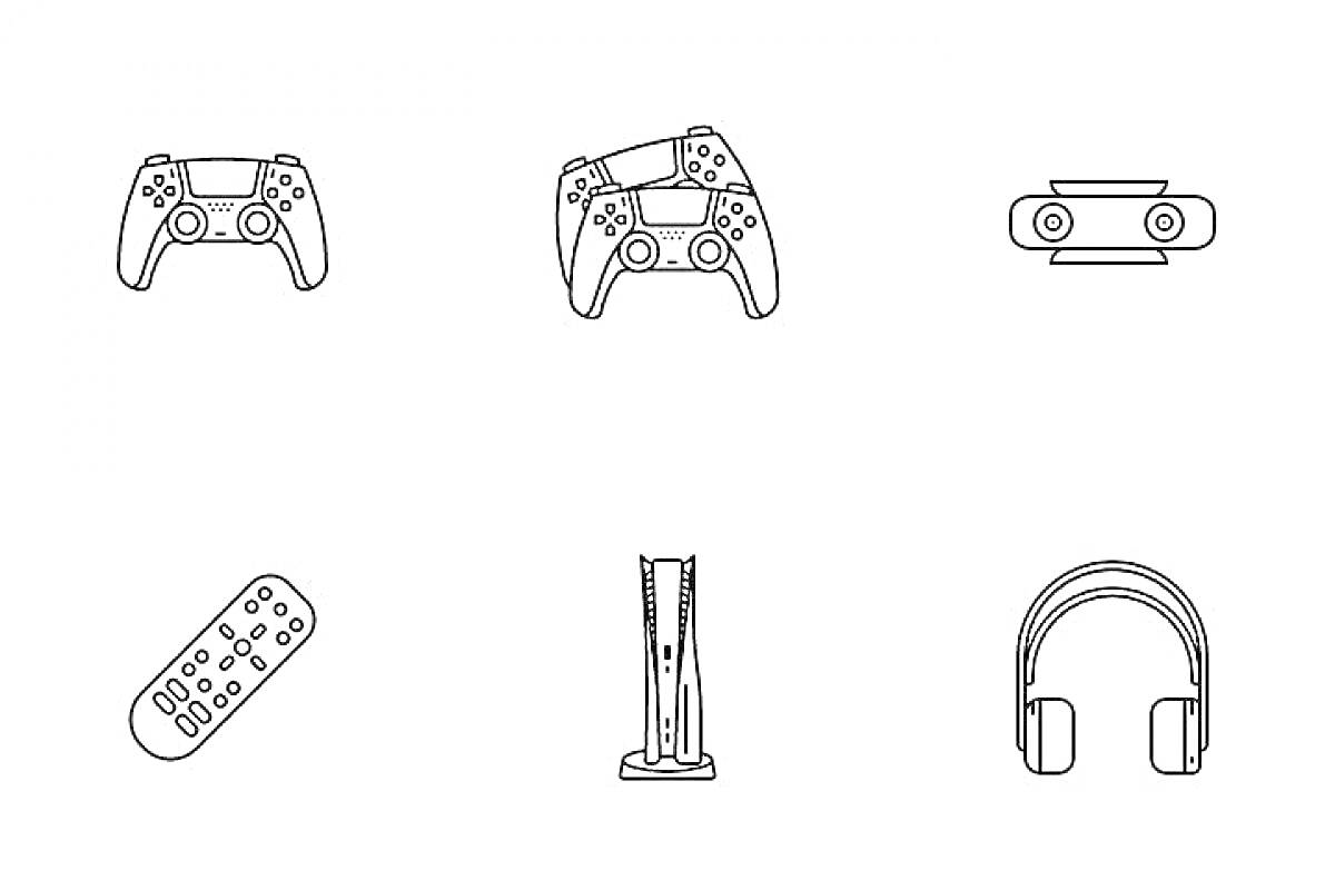 Раскраска Раскраска - элементы PlayStation 5 (геймпад, второй геймпад, камера, пульт, консоль PlayStation 5, наушники)