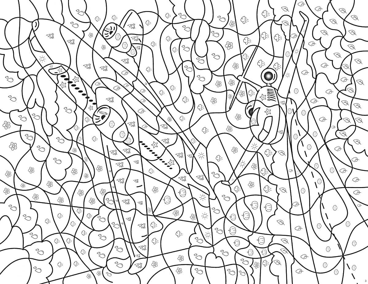 Раскраска Лето и два жука среди листвы, нарисованные по номерам