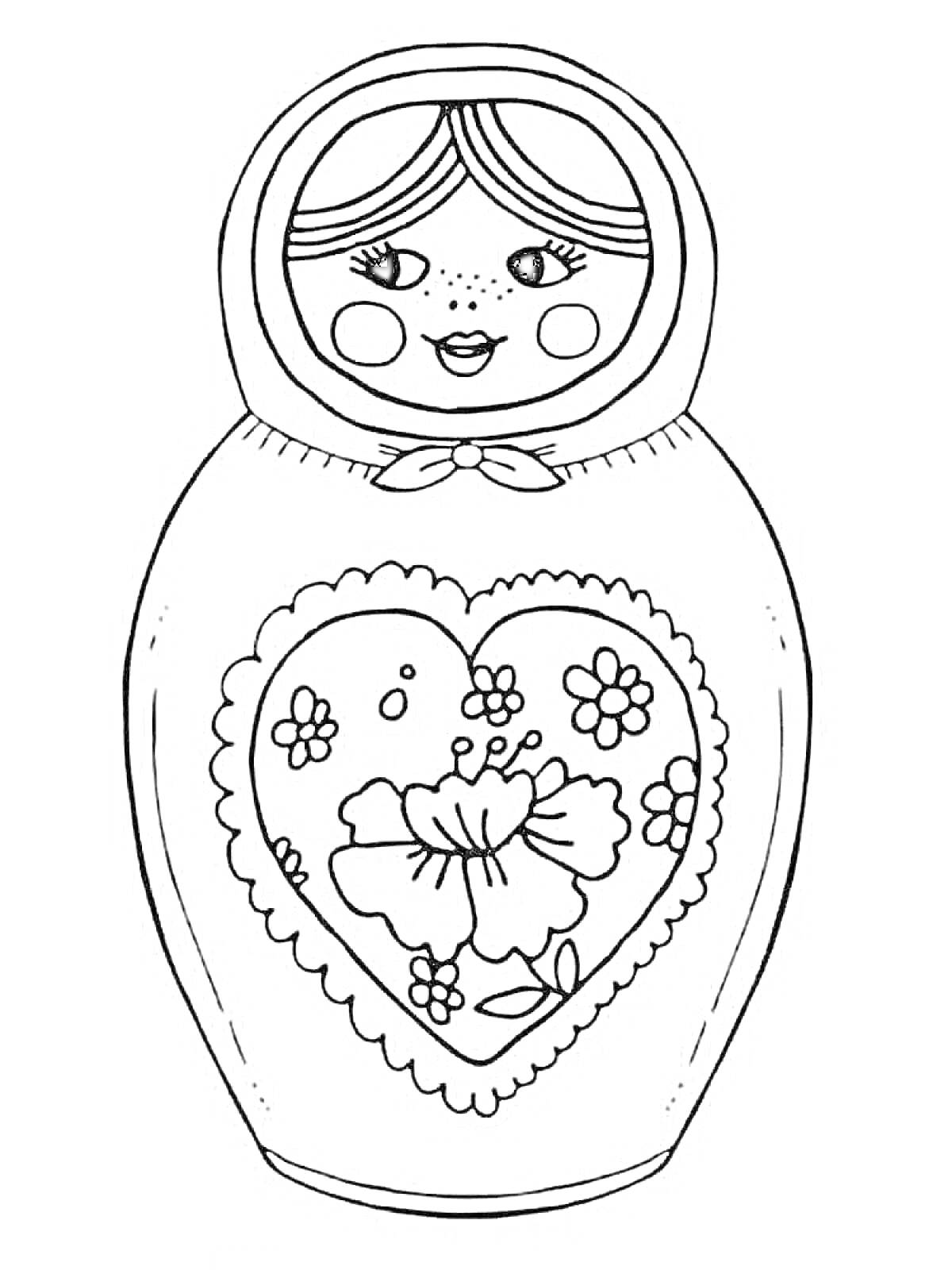 Раскраска Матрешка с сердцем и цветами на груди
