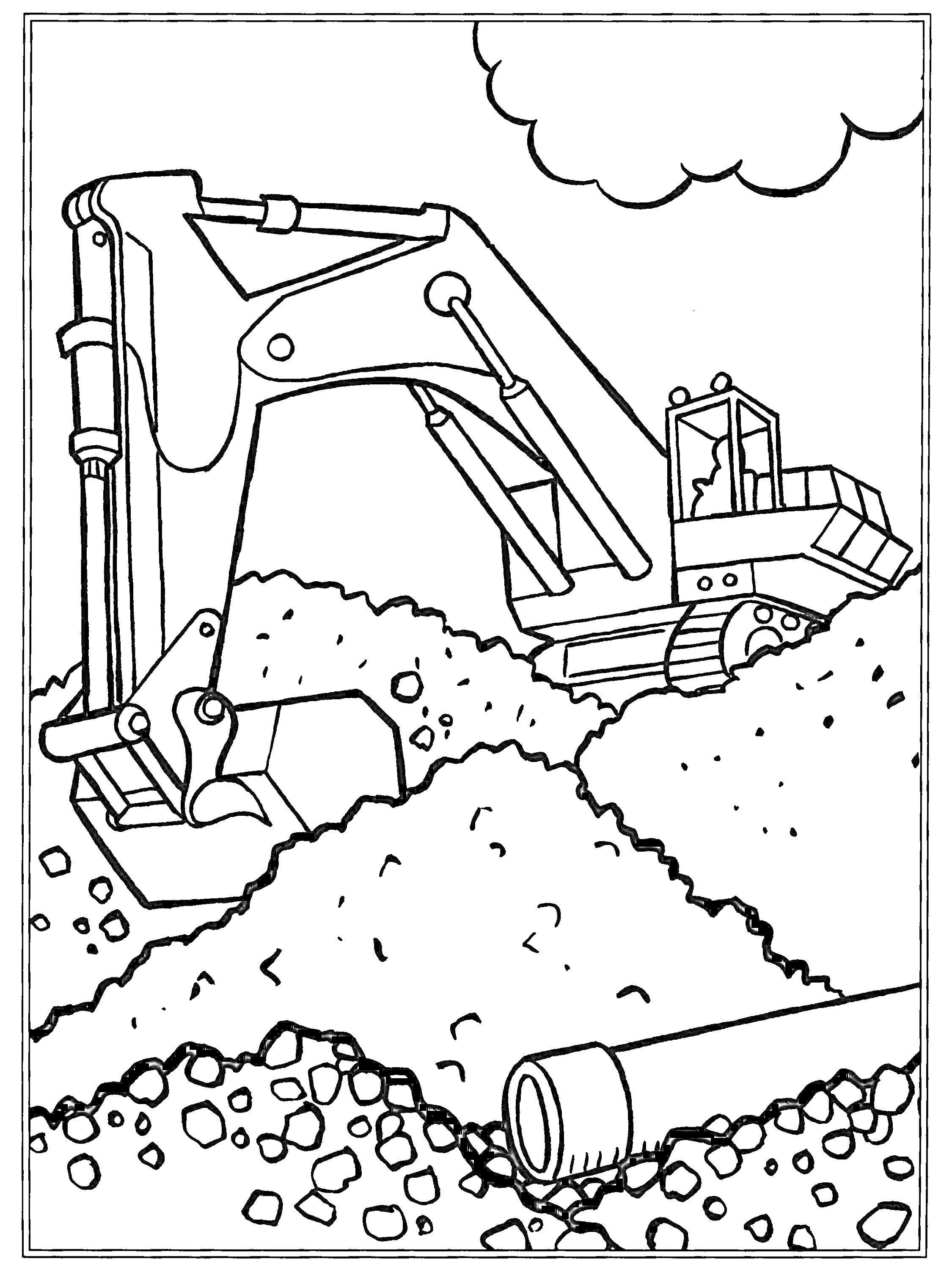 Раскраска Экскаватор, копающий землю рядом с трубой и облаком на небе