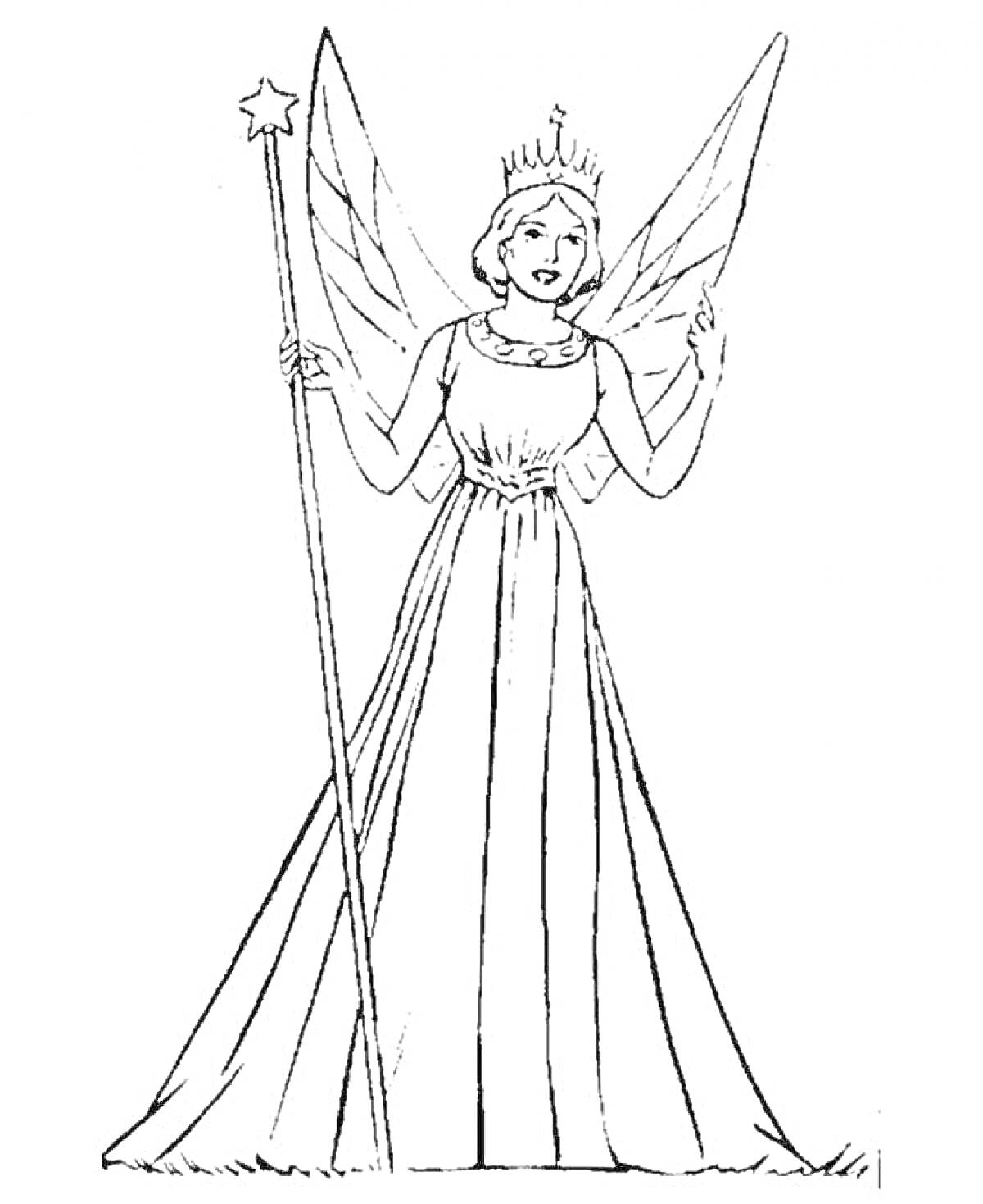 Раскраска Волшебница с короной, крыльями и жезлом с звездой