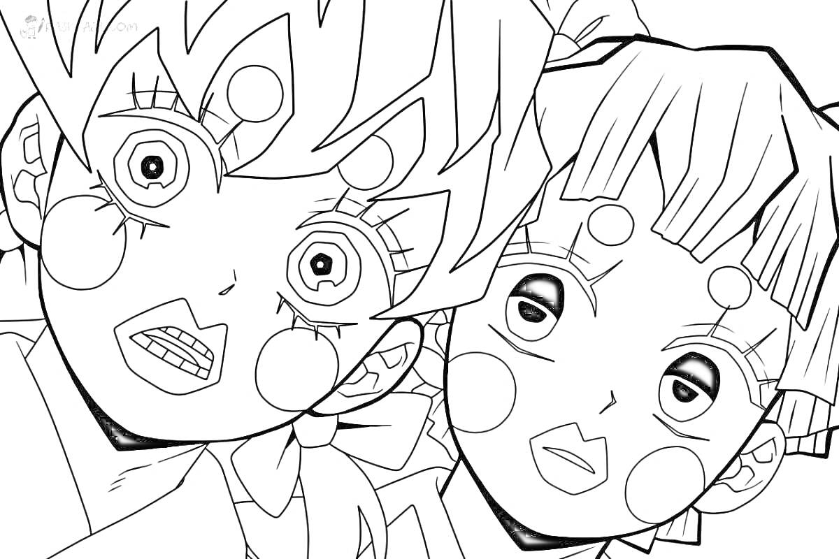 Раскраска Два персонажа с кукольными лицами с круглыми глазами из аниме 