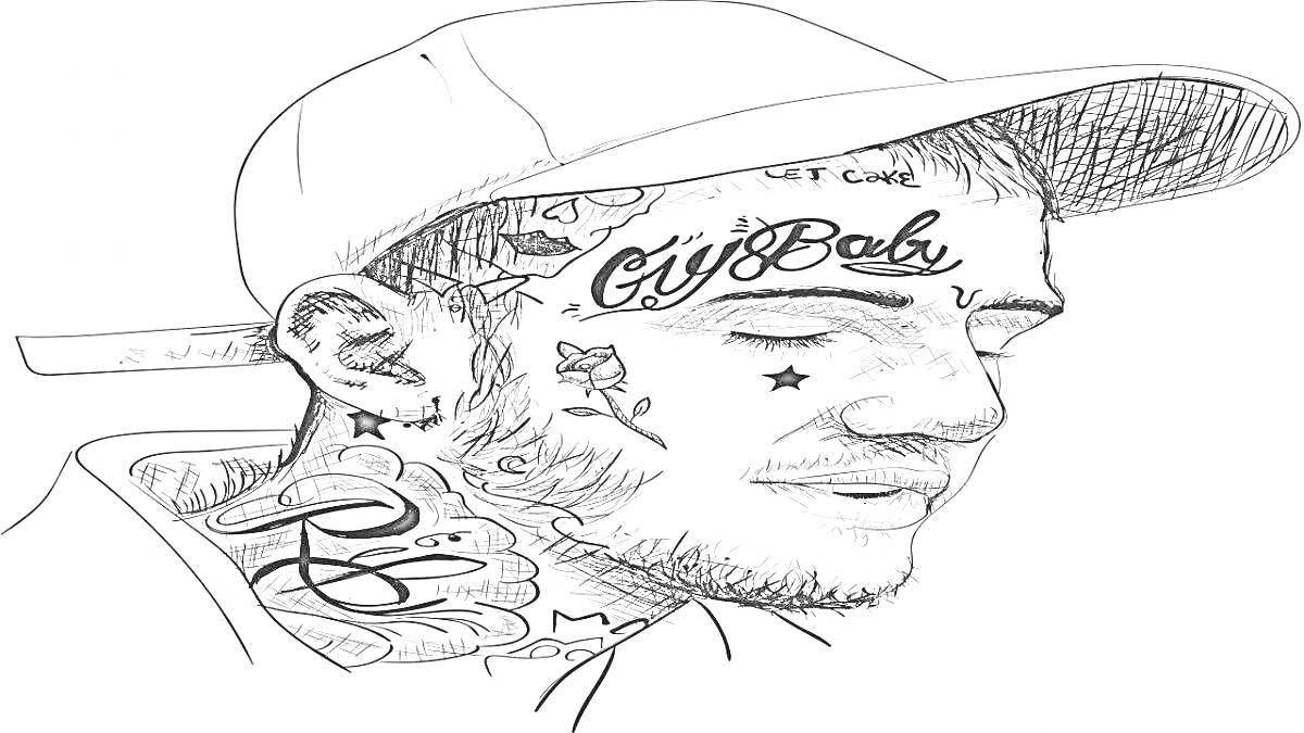 На раскраске изображено: Человек, Татуировки, Лицо, Шея