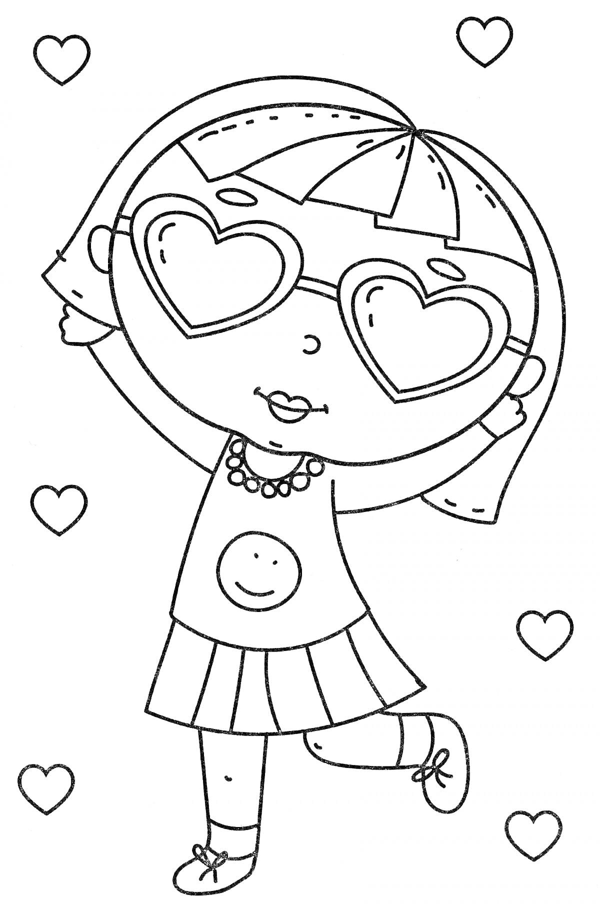 Раскраска Девочка в сердцах с очками в форме сердечек