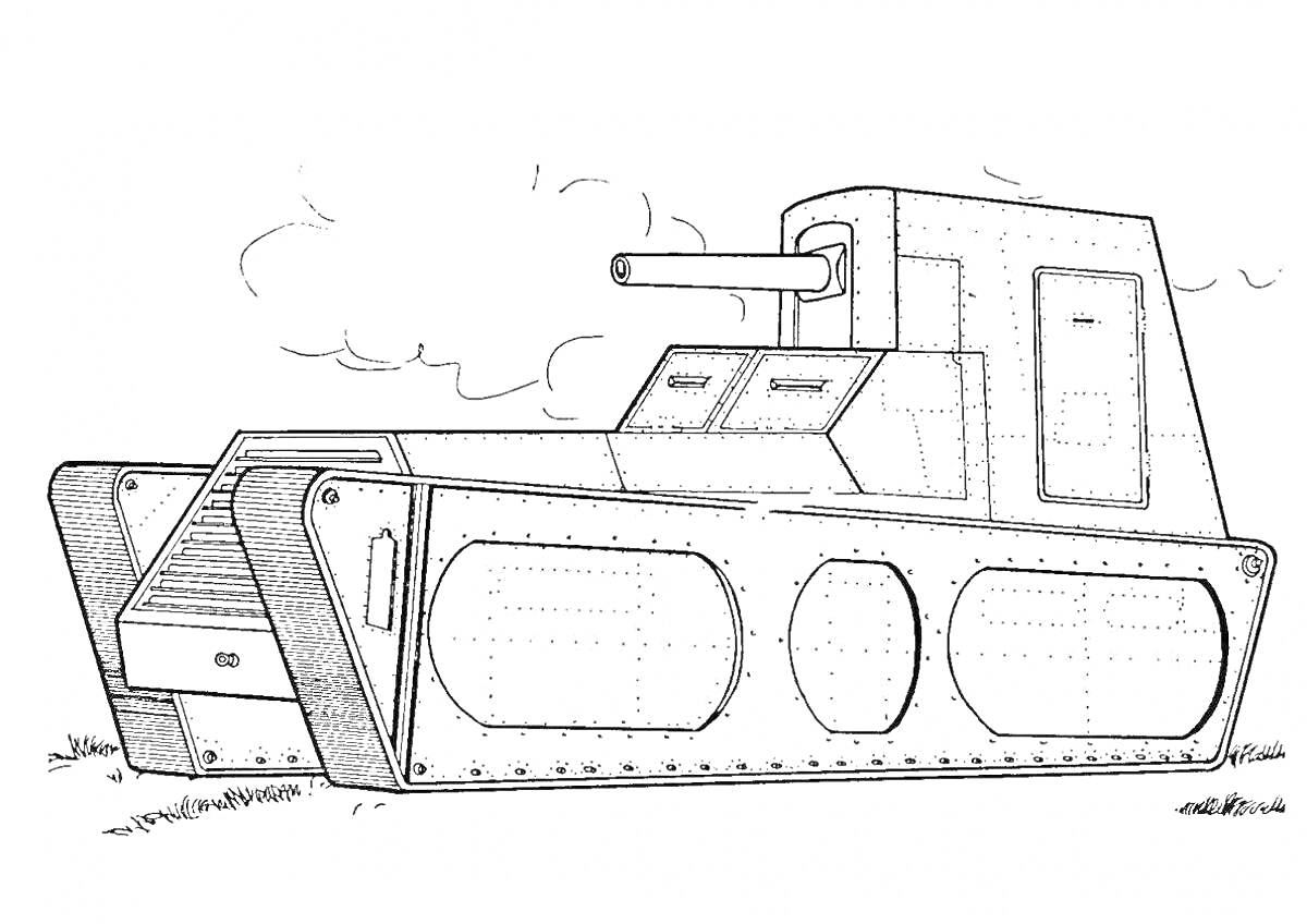 Раскраска танк с пушкой и гусеницами на фоне облаков и земли