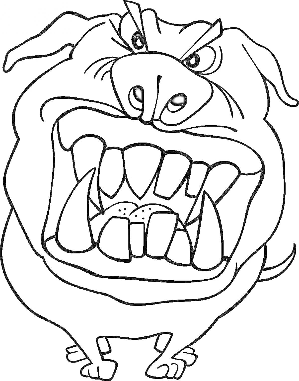 Раскраска Злой пёс с большими клыками, комически сердитый