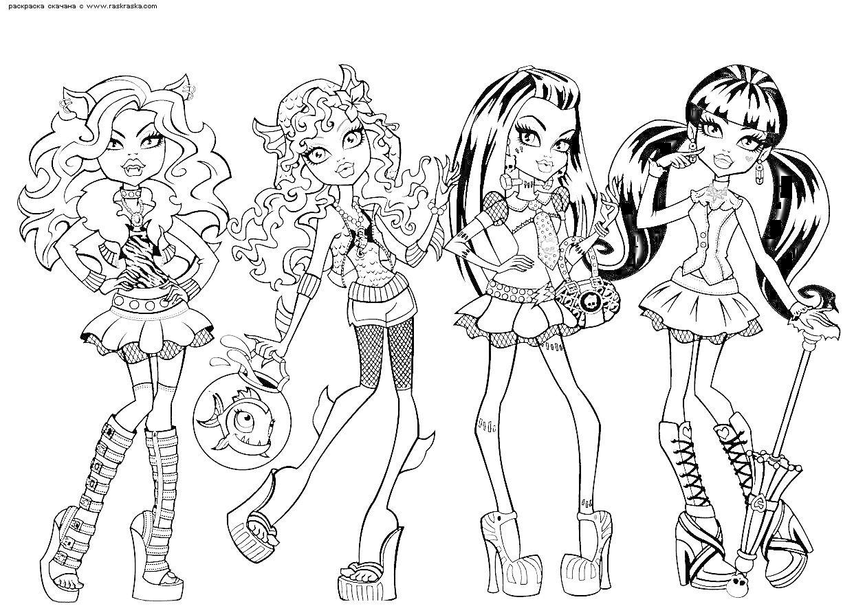 Четыре девушки Monster High в стильных нарядах с аксессуарами