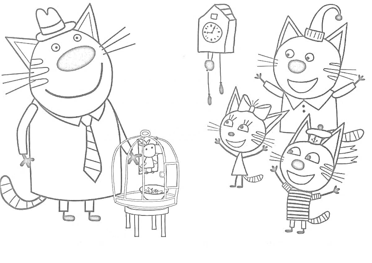 На раскраске изображено: Три кота, Часы, Радость, Галстук, Шляпа, Бант, Клеточки, Птица