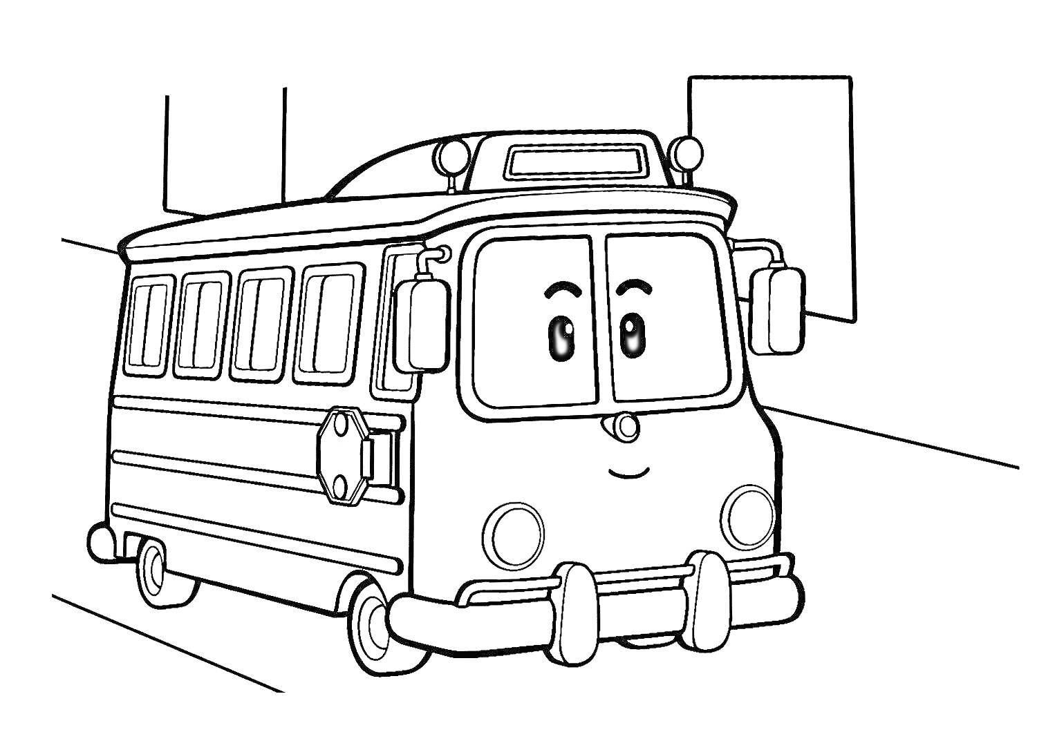 На раскраске изображено: Автобус, Тайо, Здания, Транспорт, Из мультфильмов, Улицы