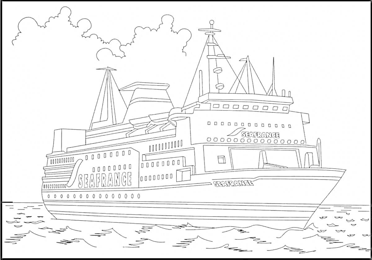 На раскраске изображено: Лайнер, Круиз, Корабль, Море, Облака, Плавание