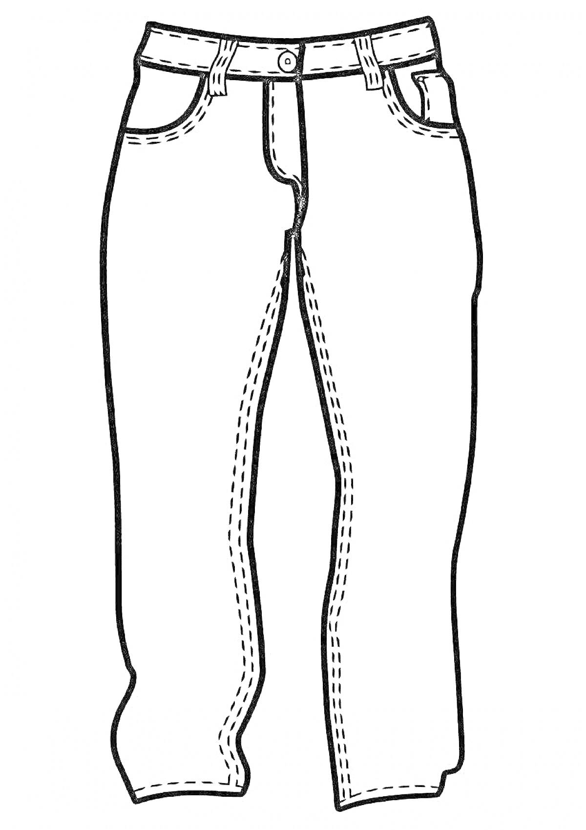 Раскраска Брюки для детей с поясом на пуговице, шлевками для ремня, передними и задними карманами, двойной строчкой