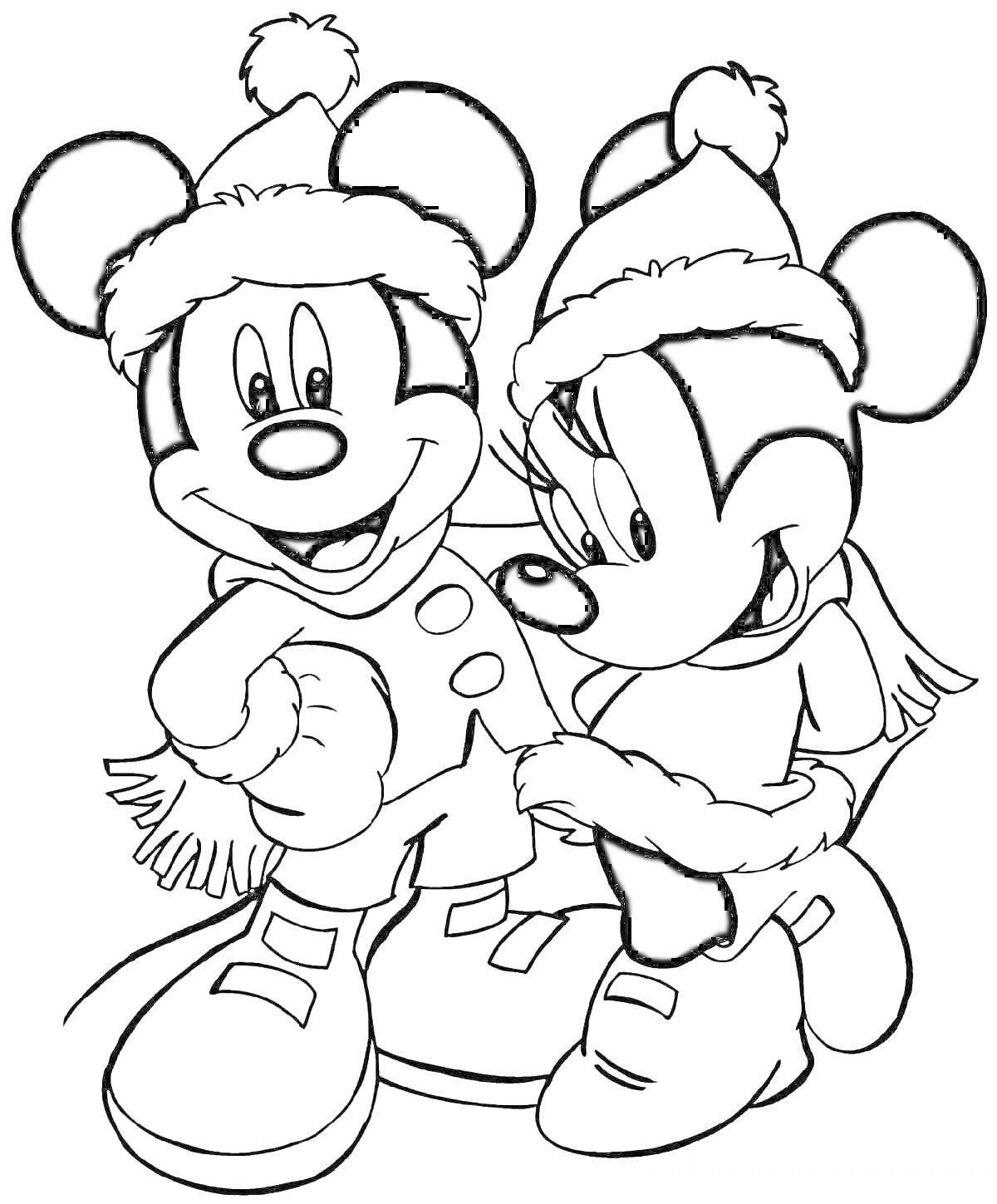 Раскраска Микки Маус и Минни Маус в зимней одежде с шарфами и шапками с помпонами