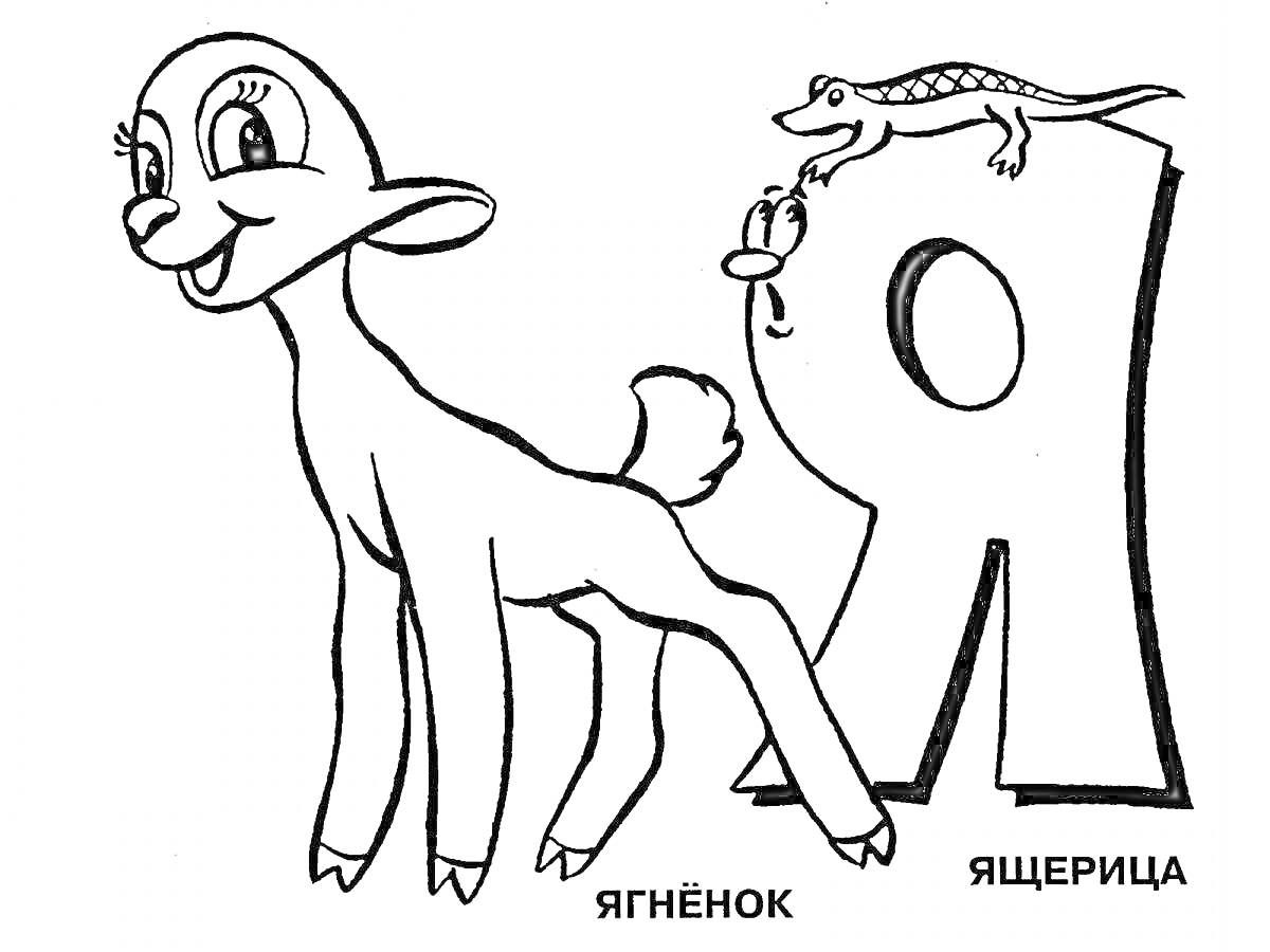 Раскраска Ягнёнок и ящерица рядом с буквой 
