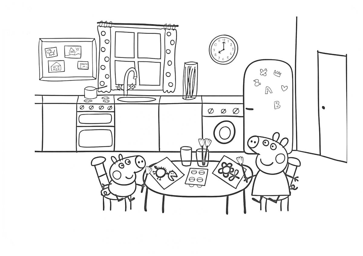 Раскраска кухня Тока Бока: стол с двумя персонажами, шкафчики, плита, раковина, стиральная машина, окно с занавесками, часы, холодильник с магнитами, дверь, кухонная утварь