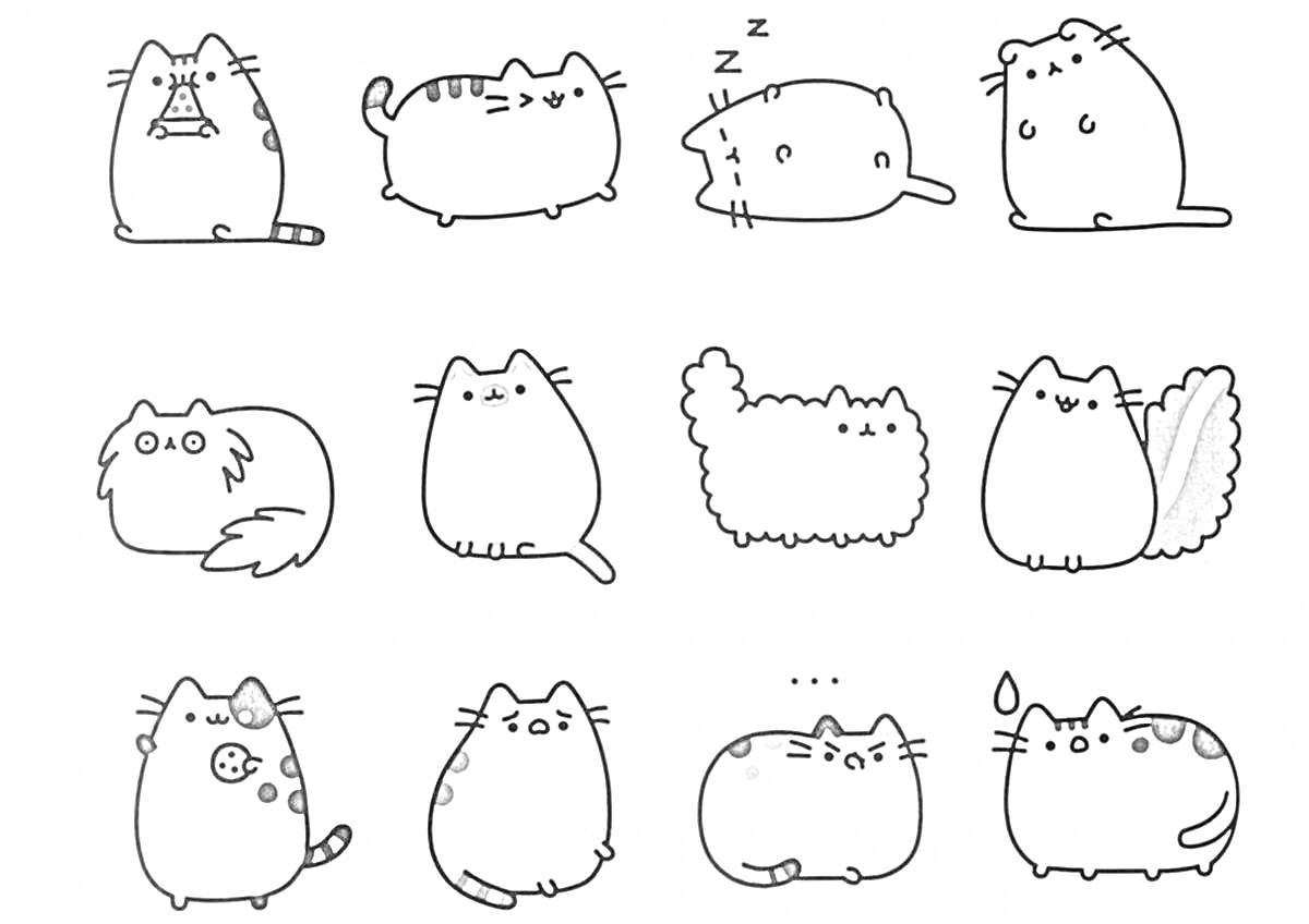 Раскраска Интересные коты в различных позах и с выражением различных эмоций, включая котов сидящих, спящих, стоящих, с пушистым хвостом, с печеньем и грациозных лежащих котов