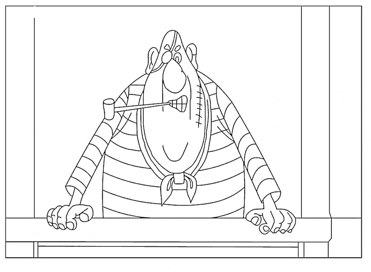 На раскраске изображено: Доктор ливси, Трубка, Стол, Полосатая рубашка, Из мультфильмов, Глаза, Пираты