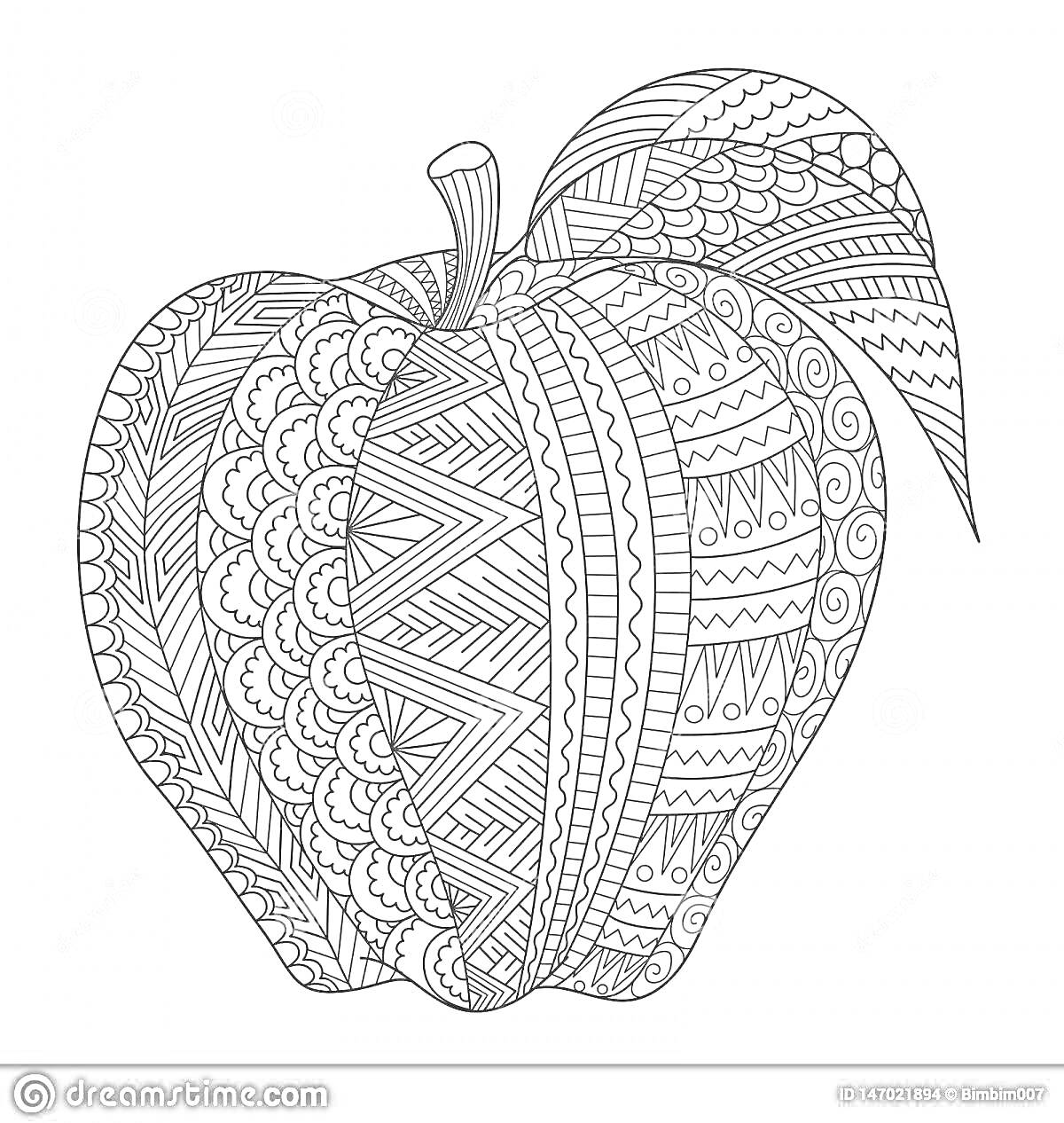 Раскраска Антистресс-раскраска яблоко с узорами, зигзагами, спиралями и листьями