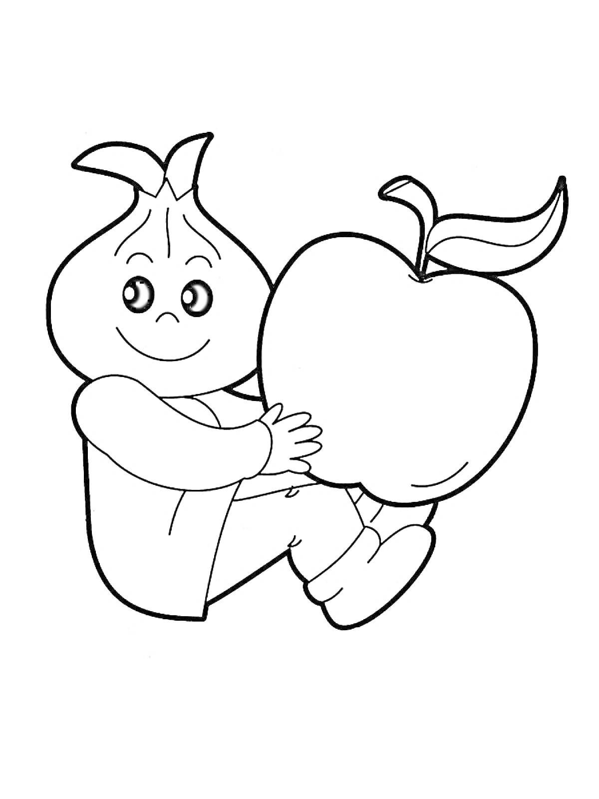 Раскраска Ребёнок в костюме луковицы с яблоком