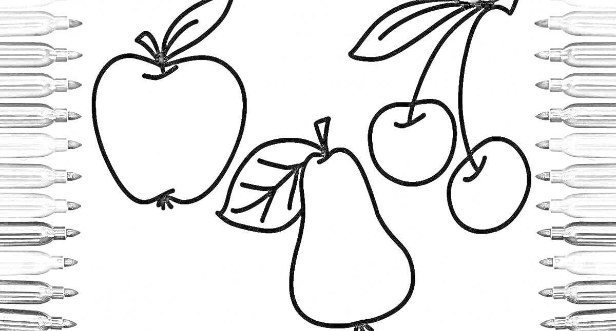 На раскраске изображено: Яблоко, Вишня, Фрукты, Цветные карандаши, Творчество, Для детей, Груши